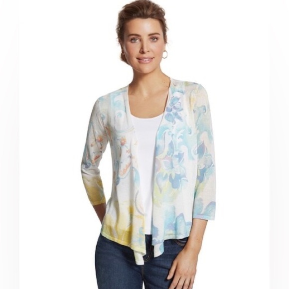 CHICOS Watercolor Paisley Corey Cardigan Lightweight Size 2 (medium) Summer - Picture 1 of 6